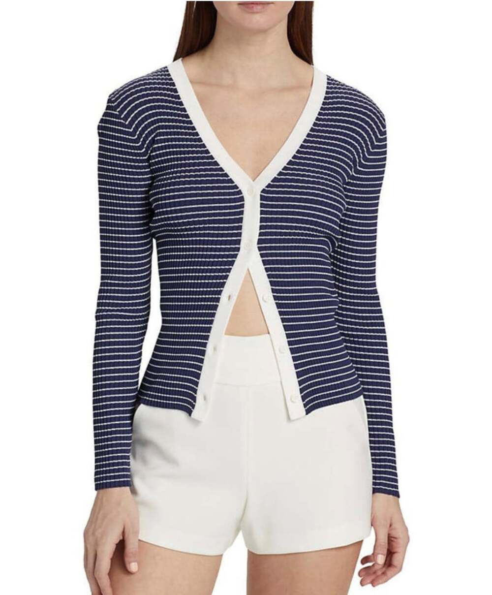 Staud Cargo Ribbed Knit Cardigan Sweater in Navy Micro Stripe Size Small